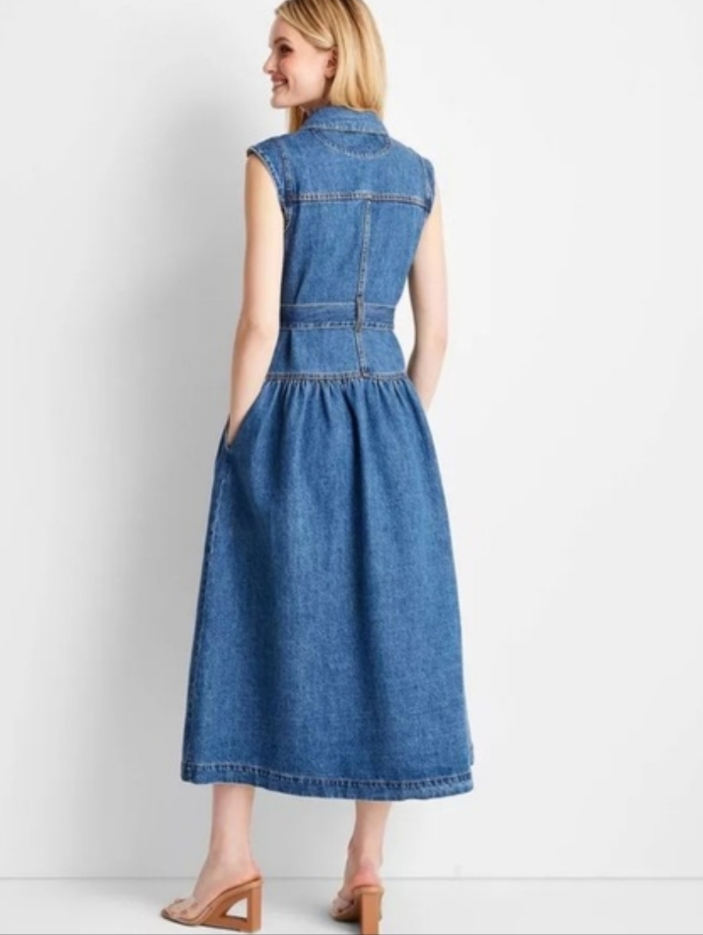 Universal Thread Denim Belted Button-Front Maxi Dress in Light Blue - Picture 2 of 7